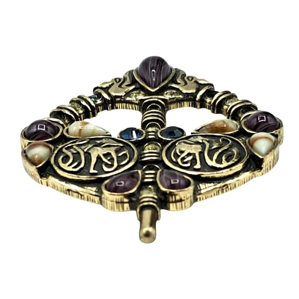 Sol Dor Art Glass Brooch Celtic Irish Rhinestone Pin Signed Costume Jewelry Vint